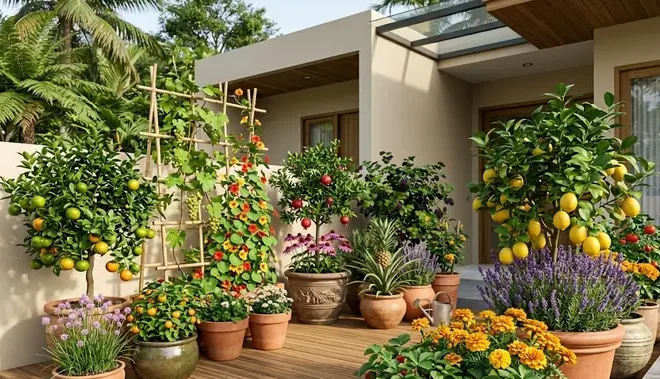 8 Kombinasi Bunga Hias dan Tanaman Buah dalam Pot — Sumber Tidak Tersedia