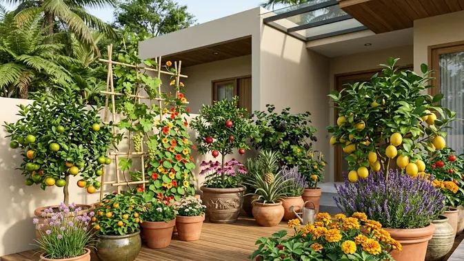8 Kombinasi Bunga Hias dan Tanaman Buah dalam Pot — Sumber Tidak Tersedia
