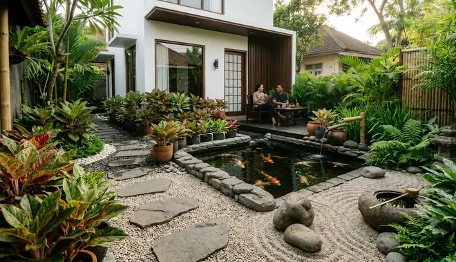 6 Inspirasi Kebun Aglaonema di Sekitar Kolam Minimalis, Estetik dan Menenangkan